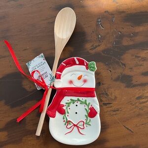 Festive Snowman Spoon Rest with Wooden Spoon